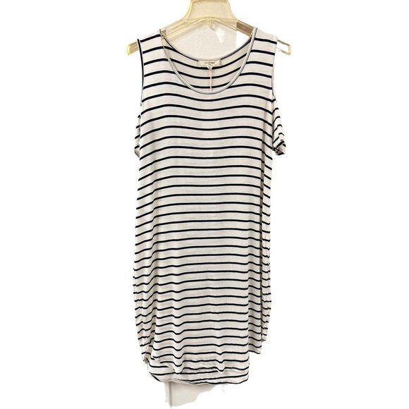 🌸3/$15🌸New with Tags Navy and Cream Striped Cold Shoulder Dress sz XL - Picture 1 of 7